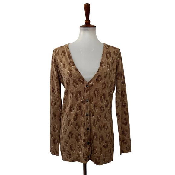 Old Navy Sweaters - Old Navy Womens Cardigan Glitter Animal Print Long Sleeve Tan Glitter M Medium
